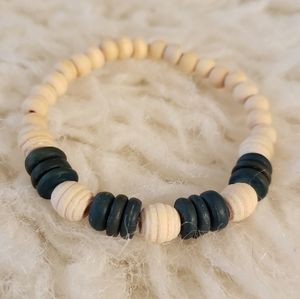 Dark Teal and Cream Wooden Beaded Bracelet